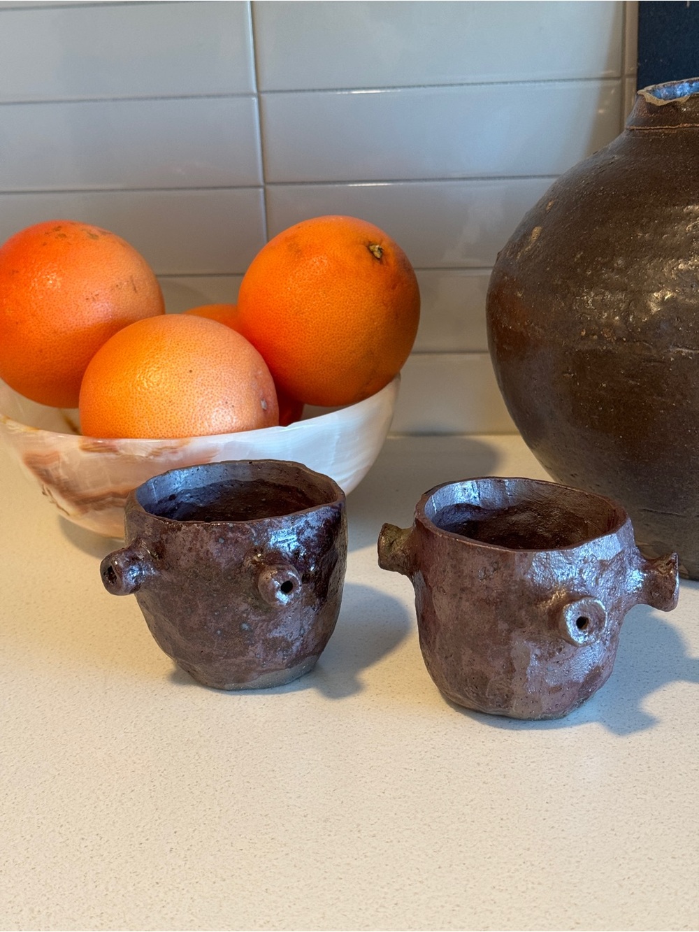 Pair of Handmade Sculptural Ceramic Vessels / Cups - Signed